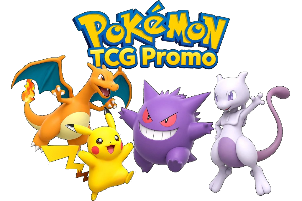Arte 3D do Pokémon TCG Promo com Charizard, Pikachu, Gengar e Mewtwo em volta do logo amarelo com contorno azul.